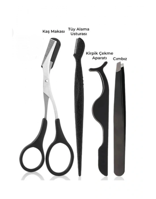4 lü Kaş ve Kirpik Bakım Seti Kaş Makası Kaş Usturası Kirpik Çekme Aparatı Cımbız