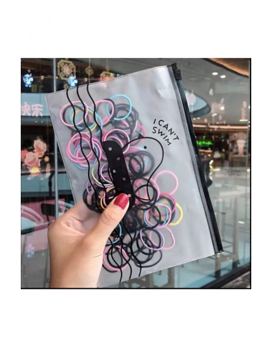 Şeffaf Çantalı 50 Adet Siyah Ve Renkli Karışık Kumaş Lastik Toka