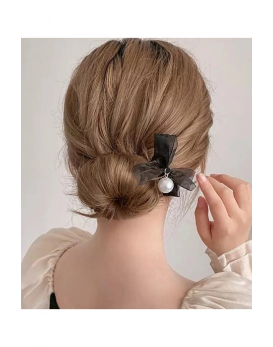 Vintage Siyah Renk Incili Organze Pens Toka