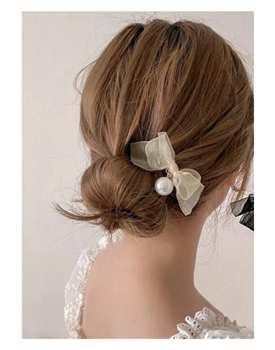 Vintage Krem Renk Incili Organze Pens Toka