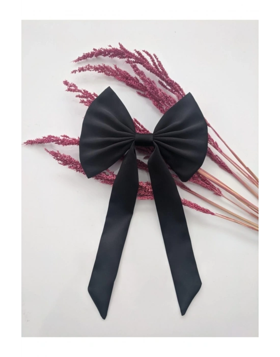 Vintage Siyah Saten Fiyonk Otomatik Klipsli Toka