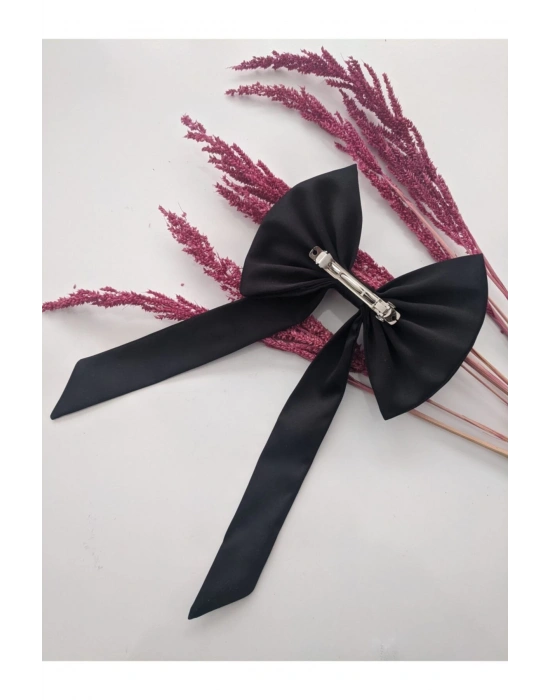 Vintage Siyah Saten Fiyonk Otomatik Klipsli Toka