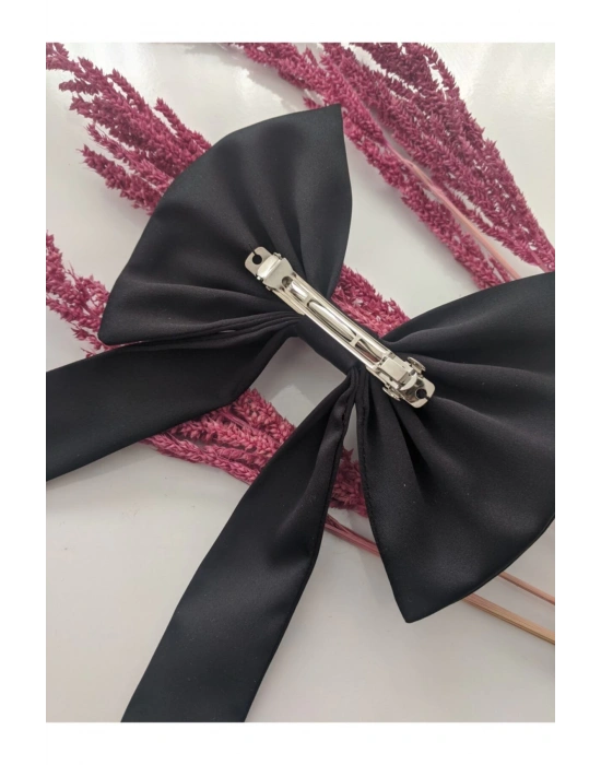 Vintage Siyah Saten Fiyonk Otomatik Klipsli Toka