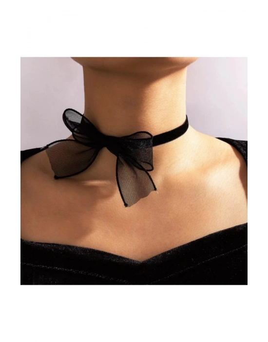 Vintage Kadife Şerit Fiyonklu Kolye