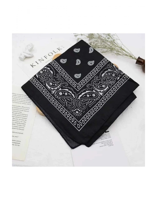 Vintage Siyah Renk Etnik Desen Kare Pamuklu Bandana Fular