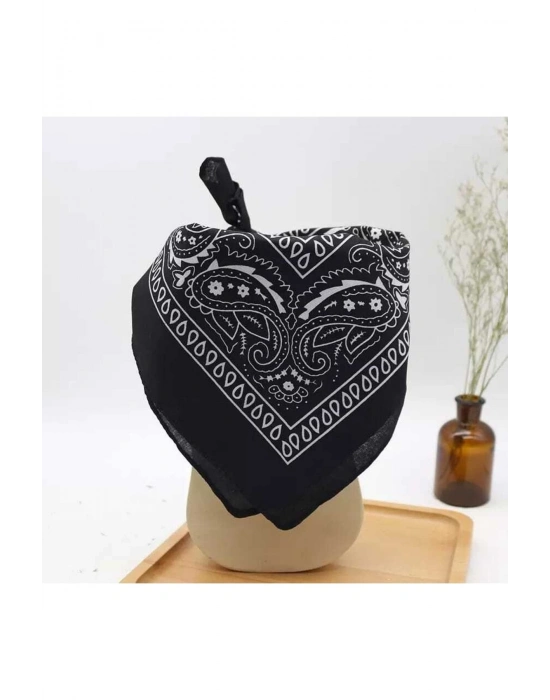 Vintage Siyah Renk Etnik Desen Kare Pamuklu Bandana Fular