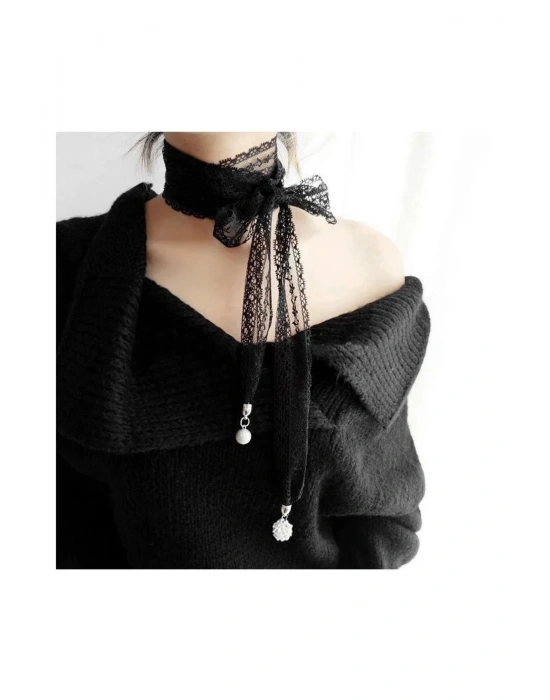 Vintage Çok Amaçlı Siyah Dantel Choker Fular Kolye