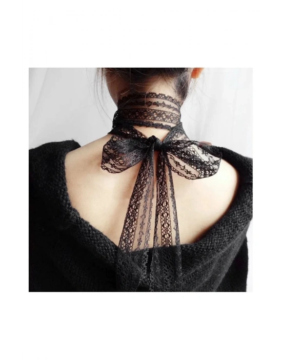 Vintage Çok Amaçlı Siyah Dantel Choker Fular Kolye
