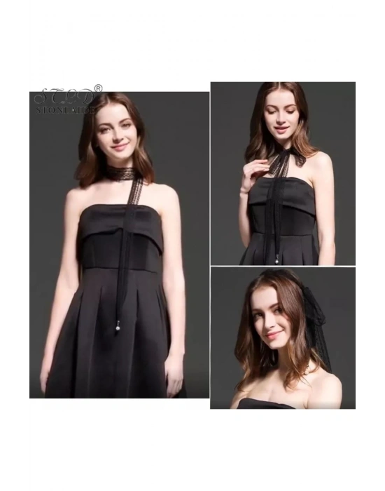 Vintage Çok Amaçlı Siyah Dantel Choker Fular Kolye