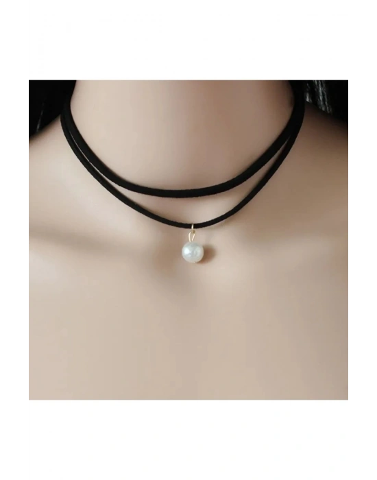 Vintage Inci Sallantılı Süet Choker Kolye