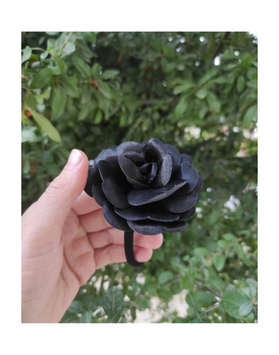 Vintage Siyah Renk Lastikli Saten Gül Toka