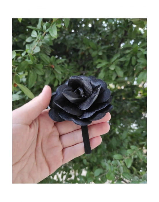 Vintage Siyah Renk Lastikli Saten Gül Toka