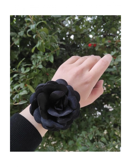 Vintage Siyah Renk Lastikli Saten Gül Toka