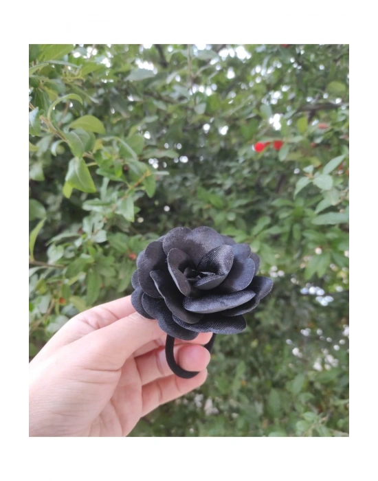 Vintage Siyah Renk Lastikli Saten Gül Toka