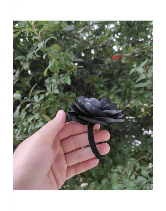 Vintage Siyah Renk Lastikli Saten Gül Toka