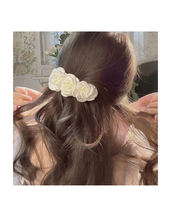 Vintage Ekru Saten Gül Otomatik Klipsli Toka