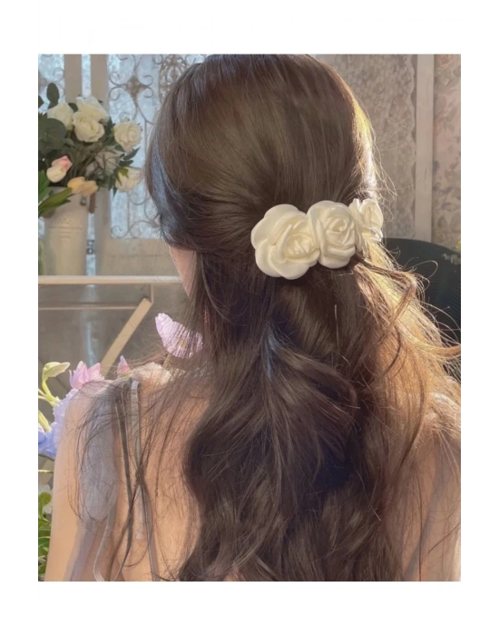 Vintage Ekru Saten Gül Otomatik Klipsli Toka