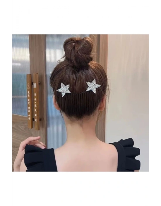 Gümüş Kristal Taşlı Yıldız Model Gizli Yaylı Saç Tokası Tarak Toka