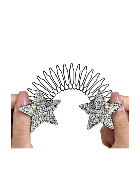 Gümüş Kristal Taşlı Yıldız Model Gizli Yaylı Saç Tokası Tarak Toka