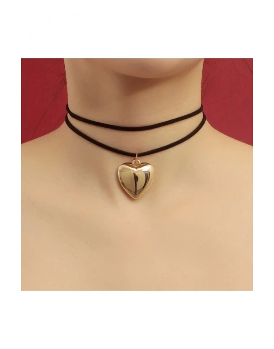 Vintage Çelik Kalp Figür Süet İpli Choker Kolye