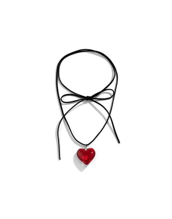Vintage Kırmızı Kalp Süet İpli Choker Kolye