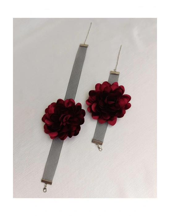 Vintage 8 Cm Bordo Renk Gül Kolye Ve Bileklik Seti
