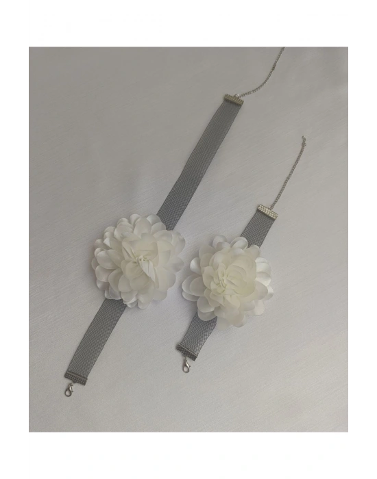 Vintage 8 Cm Ekru Renk Gül Kolye Ve Bileklik Seti