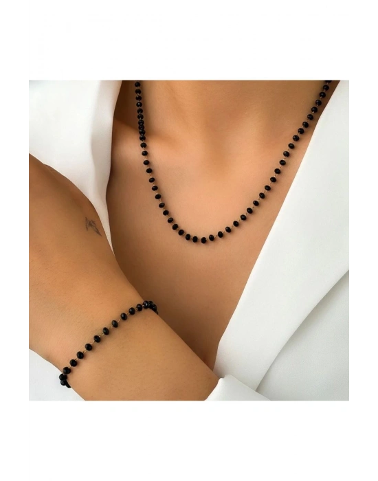 Vintage Siyah Kristal Boncuklu Kolye Bileklik Seti