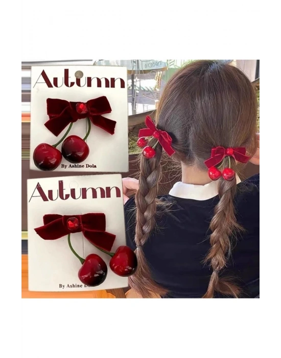 Lily Kız Çocuk Kadife Kurdeleli Kiraz Toka Okul Tokası