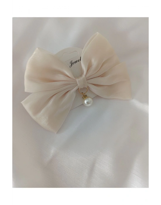 Vintage İnci Sallantılı Otomatik Klipsli Organze Toka