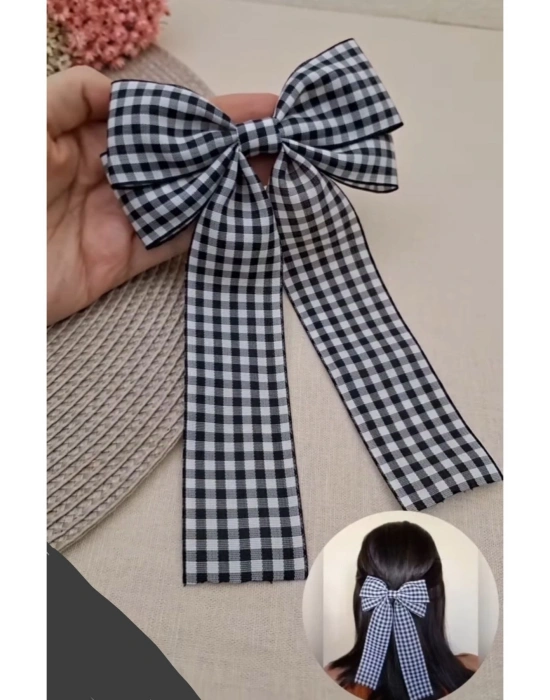 Vintage Ekose Desenli Otomatik Klipsli Kurdele Toka