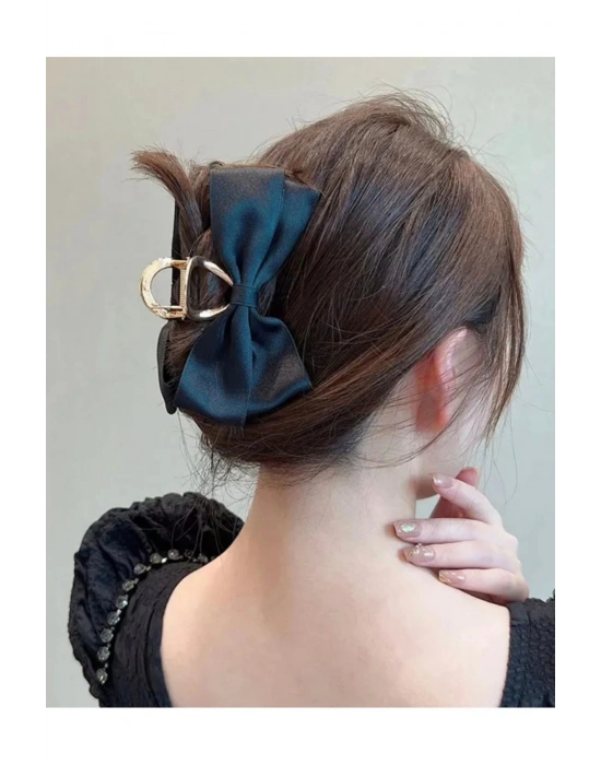 Kadın Siyah Saten Çift Taraflı Fiyonk Gold Mandal Toka