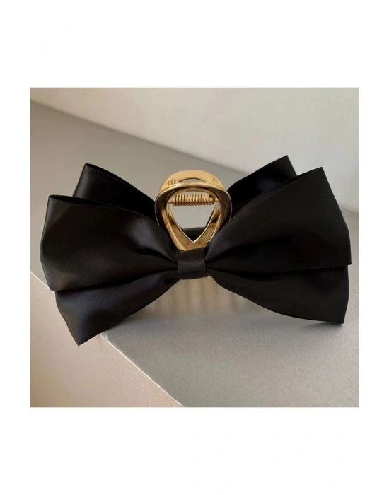 Kadın Siyah Saten Çift Taraflı Fiyonk Gold Mandal Toka