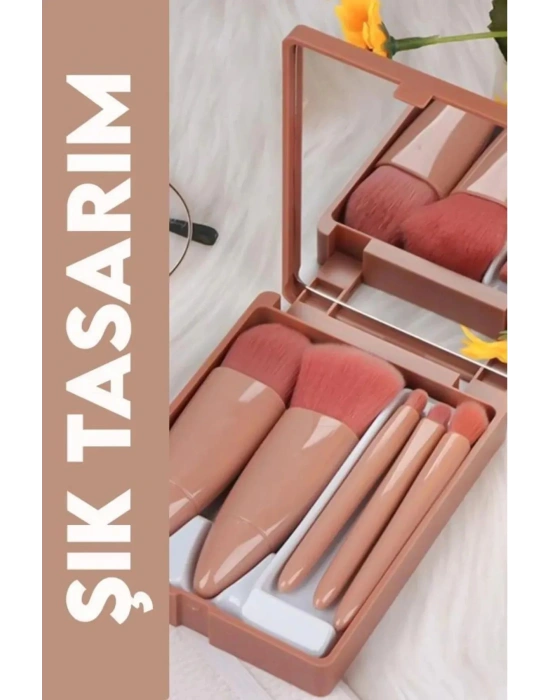 Taşınabilir Aynalı 5li Makyaj Fırça Seti Göz Farı, Fondöten, Allık Karıştırma, Makyaj Fırçaları