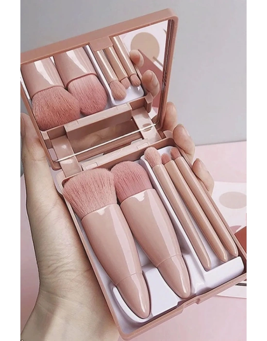 Taşınabilir Aynalı 5li Makyaj Fırça Seti Göz Farı, Fondöten, Allık Karıştırma, Makyaj Fırçaları