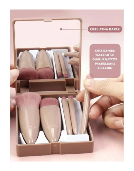Taşınabilir Aynalı 5li Makyaj Fırça Seti Göz Farı, Fondöten, Allık Karıştırma, Makyaj Fırçaları