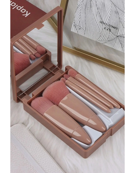 Taşınabilir Aynalı 5li Makyaj Fırça Seti Göz Farı, Fondöten, Allık Karıştırma, Makyaj Fırçaları