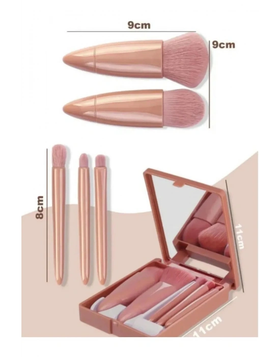 Taşınabilir Aynalı 5li Makyaj Fırça Seti Göz Farı, Fondöten, Allık Karıştırma, Makyaj Fırçaları