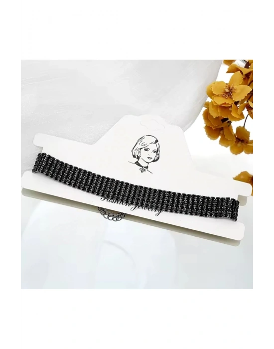 Vintage Siyah Renk Taşlı Choker Kolye