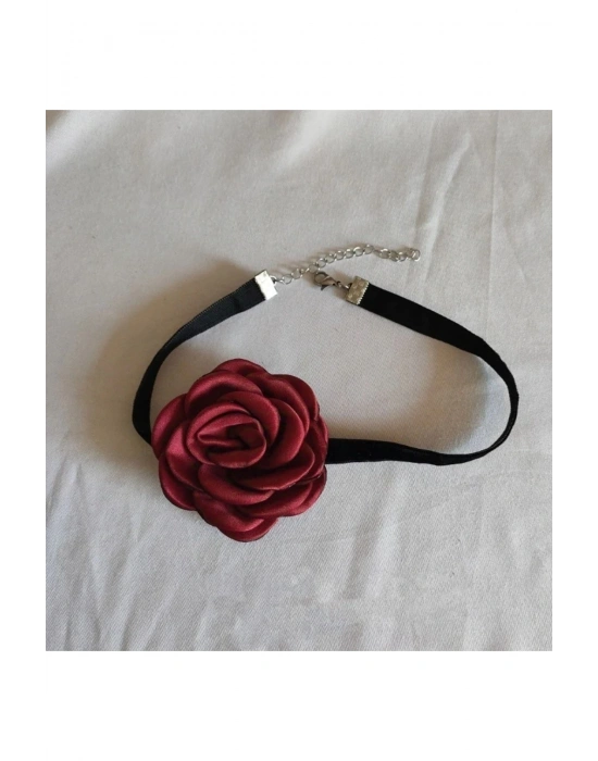Vintage Bordo Renk Güllü Kadife Choker