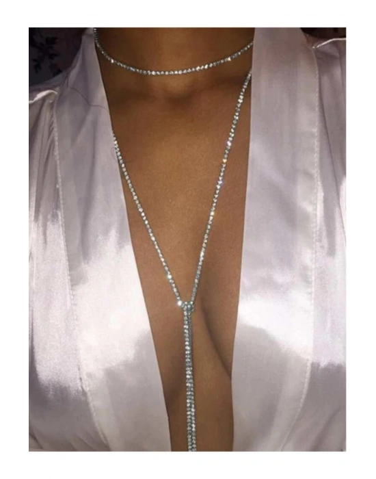 Gümüş Renk Kristal Taşlı Rhinestone Kolye