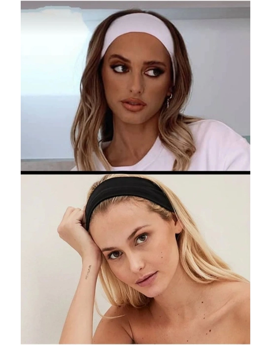 Kadın 2li Havlu Esnek Siyah,beyaz Saç Bant Seti
