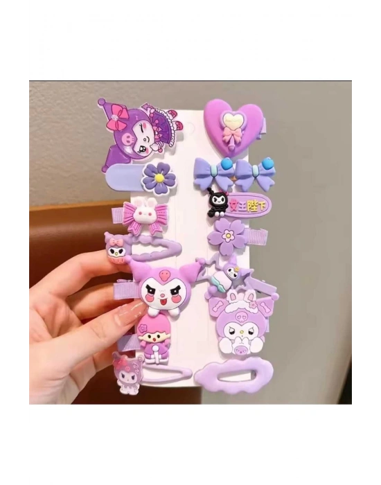 14 Lü Kuromi Figürlü Pensli Çıt Çıtlı Kız Çocuk Toka Seti - Lila