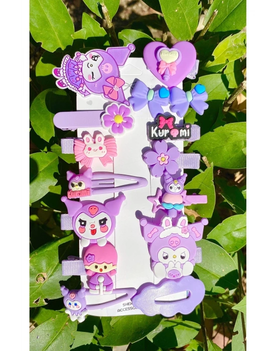 14 Lü Kuromi Figürlü Pensli Çıt Çıtlı Kız Çocuk Toka Seti - Lila