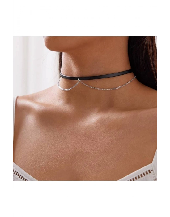 Vintage Zincirli Deri Choker Kolye
