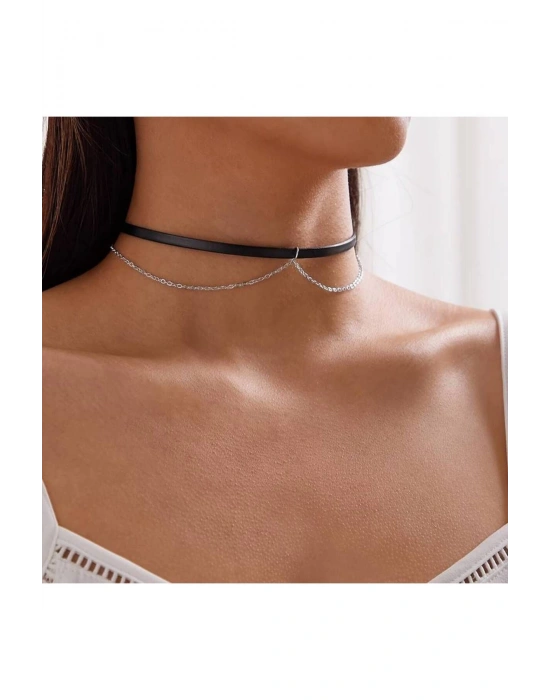 Vintage Zincirli Deri Choker Kolye