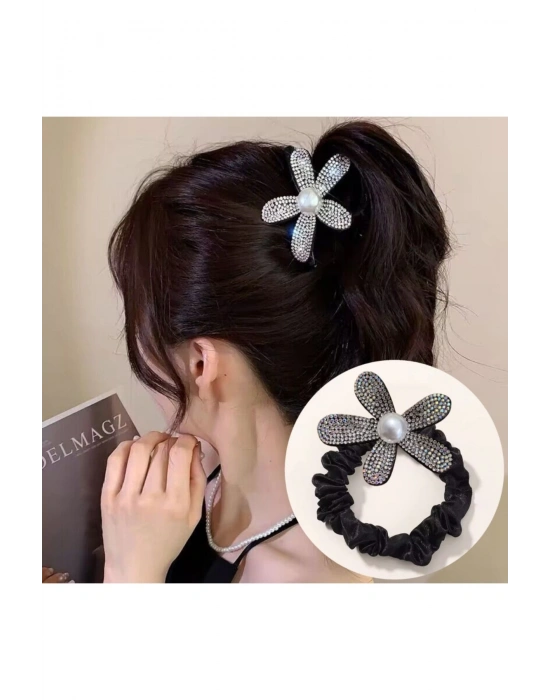 Kristal Çiçekli Kadife Simit Toka Scrunchie