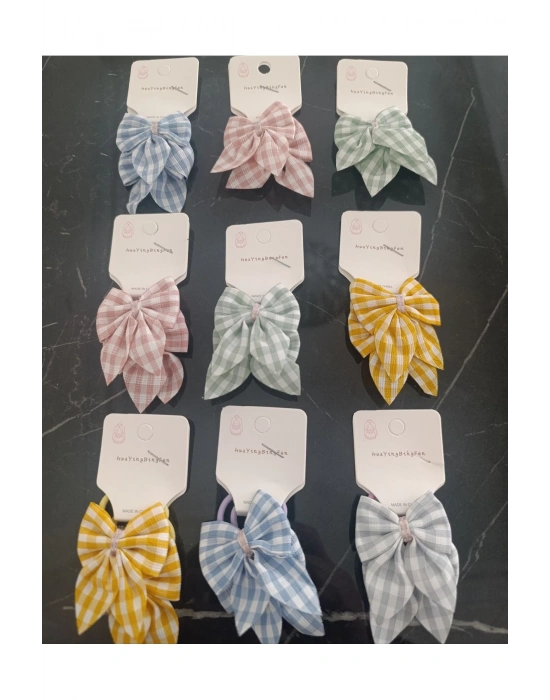 3 Çift Ekose Desen Mini Lastikli Kumaş Toka