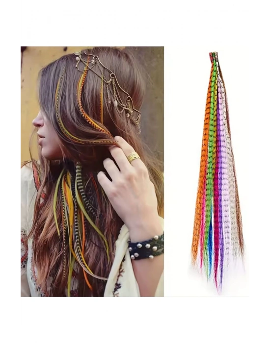 10 Adet Farklı Renklerde Keratinli Sentetik Sülün Tüyü Tak Çıkar Saç Postişi