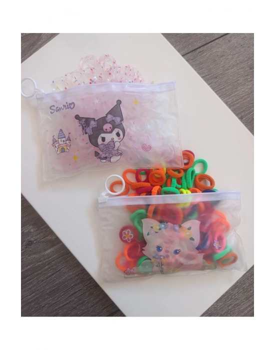 İki Adet Şeffaf Çantalı Bebek Örgü Lastiği Perma Lastiği ve Havlu Toka